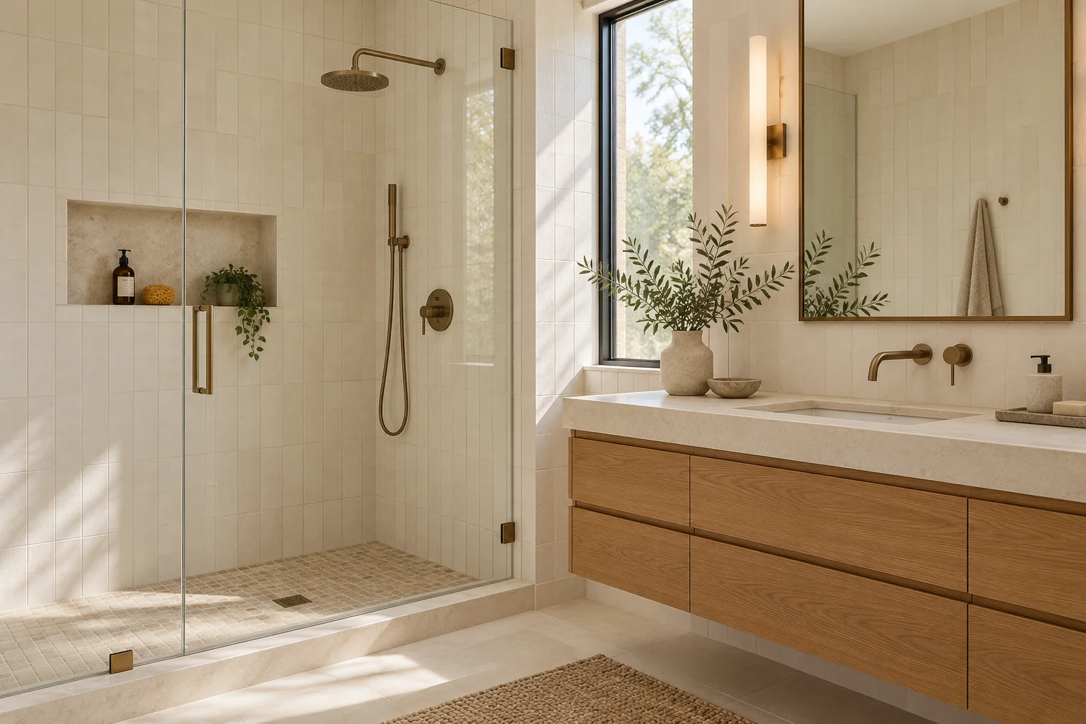 Tiled bathroom with a glass shower and an oak vanity