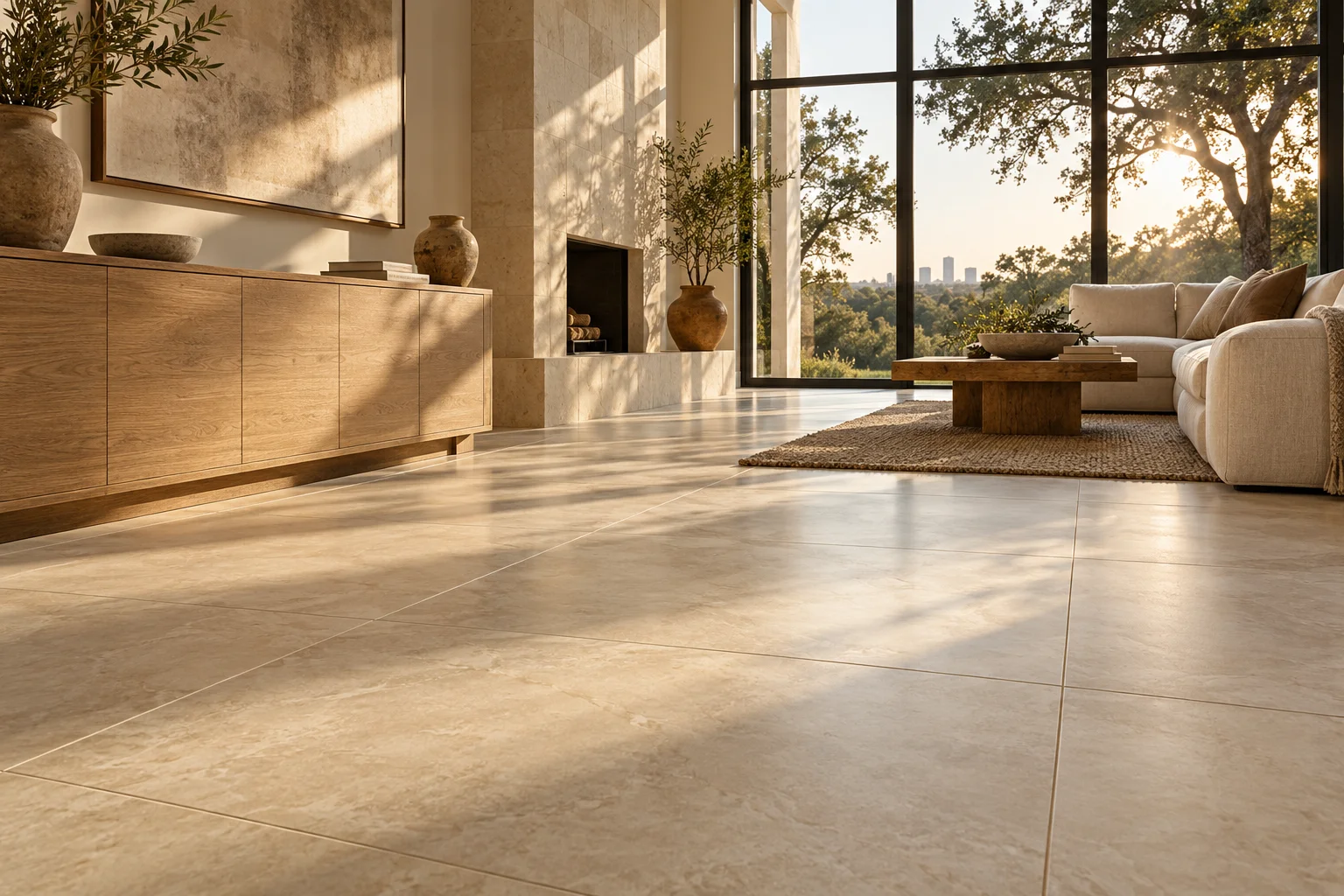 Sunlight across warm ivory floor tiles in a contemporary living space
