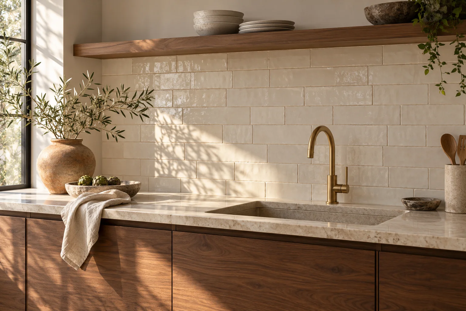 Cream ceramic backsplash above walnut kitchen cabinets